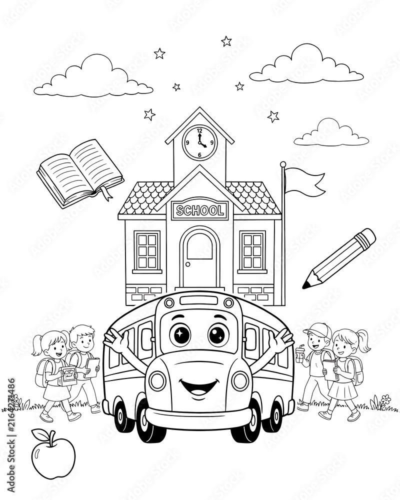 Naklejka premium Coloring page of smiling school bus graphic with educational items and students school building cartoon bus back to school line art black and white