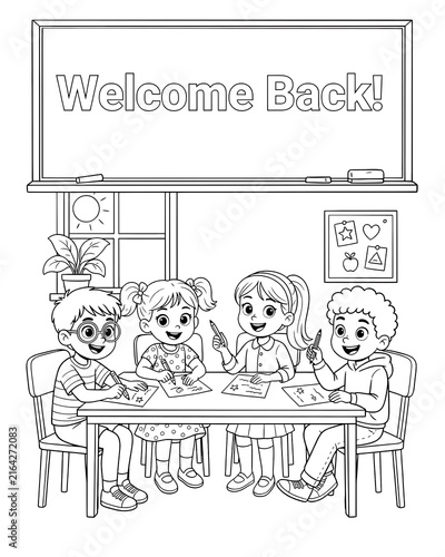 Children sitting at a desk in a classroom setting under a blackboard with a welcome back message for school coloring page line art black and white classroom