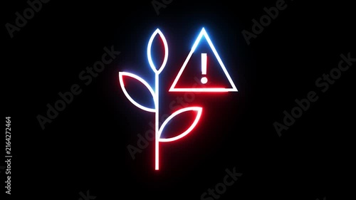 Neon plant and warning sign icon glowing in blue and red against black background footage.