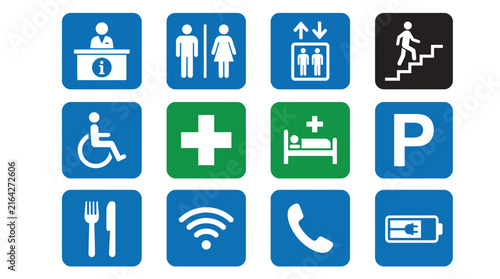 A collection of twelve blue and green square icons illustrating various public services and facilities such as restrooms, elevators, parking, and Wi-Fi.