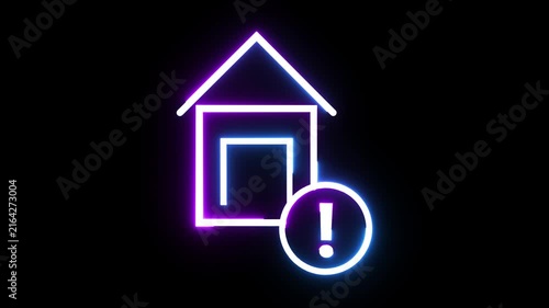 Neon house icon with exclamation mark flashing in glowing purple light on dark background.