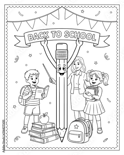 Back to school coloring page featuring a smiling giant pencil character and children school supplies line art black and white stack of books writing tool