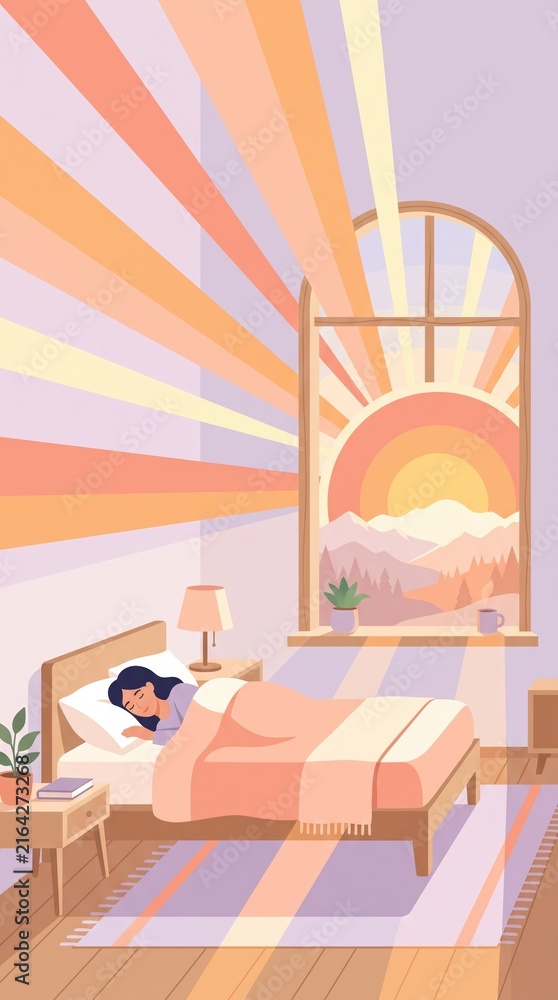 Fototapeta premium A woman sleeps peacefully in a cozy bedroom as warm morning sunlight and sunrise rays fill the space through a window.