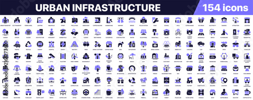 Urban infrastructure icon collection in colored style. Set of city buildings, roads, transportation, utilities, architecture, construction and public service icons