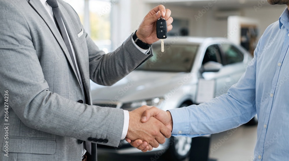 Fototapeta premium Car dealership handshake between buyer and salesperson, symbolizing vehicle purchase, trust, agreement, and successful business transaction.