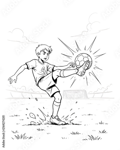 Young boy playing soccer kicking a football in a stadium coloring page with football player kicking ball soccer match line art outline sketch black and whit