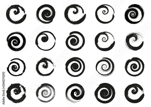 Brush spiral set with different black circular swirls and rough painted strokes for abstract decoration, motion, rotation and artistic graphic design