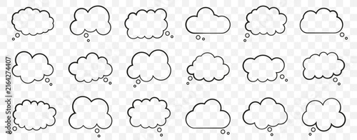 Thought bubble outline set with different rounded cloud shapes and small circles for thinking, ideas, imagination, dialogue and comic graphic design