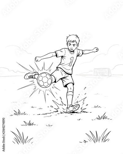 Young boy kicking a soccer ball on a field sports outline coloring page illustration with coloring activity recreation illustration template education