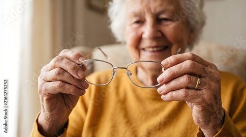 Elderly woman with white hair smiling while holding a pair of optical eyeglasses in her wrinkled hands for senior vision health and eye care improvement concept