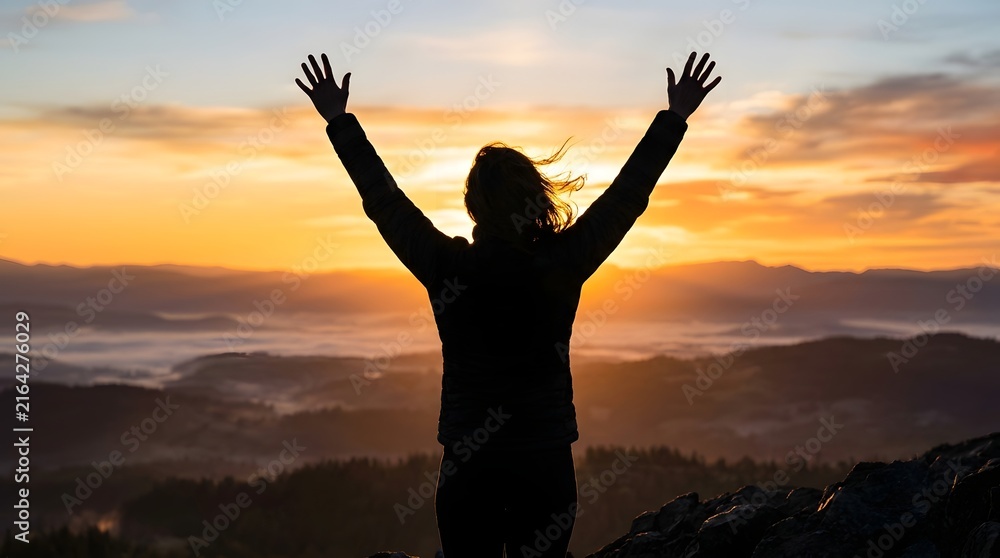 Fototapeta premium Silhouette of Woman with Arms Raised Standing on Mountain at Sunset