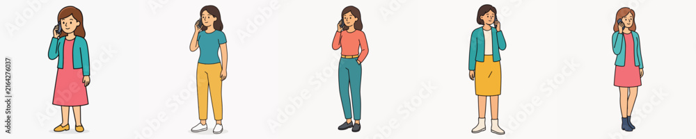 Fototapeta premium Set of vector illustrations of a woman making a phone call