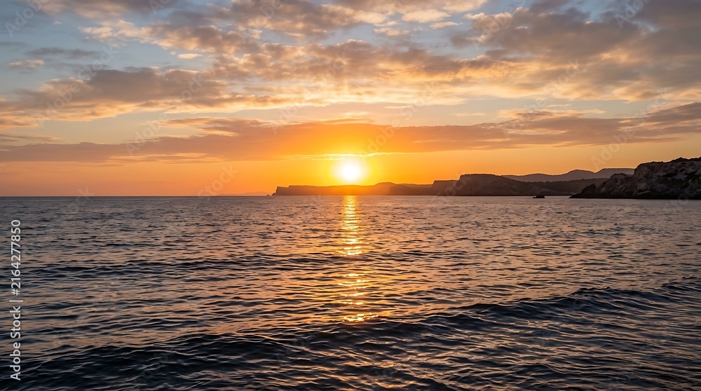 Fototapeta premium Golden sunset reflecting on the ocean waves and distant cliffs