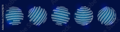 Digital binary globe collection with technology data network communication cybersecurity and global information concepts high quality