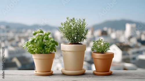 Three small potted plants on wooden board against city skyline background with herb pots urban background terracotta pots window sill blue sky wooden shelf greenery flowerpots cityscape