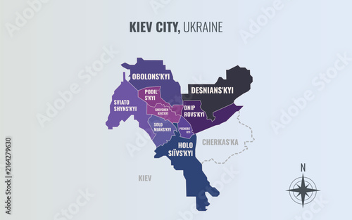 Kiev City Ukraine Oblast into Raion in a minimalist colorful style map showing