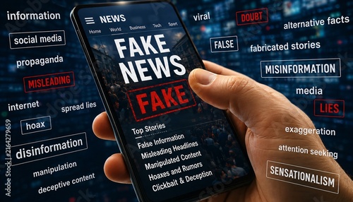 Fake news on smartphone screen, hand holding mobile phone with misinformation and propaganda text, digital media disinformation concept