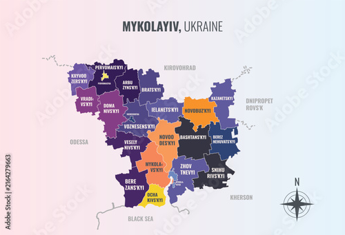 Cuadro en lienzo Mykolayiv Ukraine Oblast into Raion in a minimalist colorful style map showing