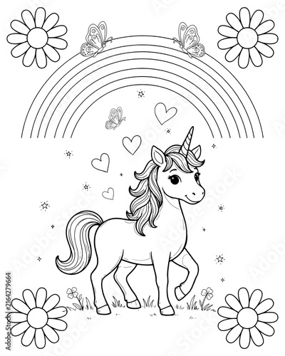Magical unicorn surrounded by flowers and a rainbow black and white coloring page design with line art kids activity mythical creature fairy tale butterflies