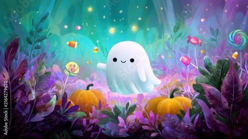 Cute smiling ghost surrounded by pumpkins and candy in a colorful magical forest, whimsical Halloween banner illustration.