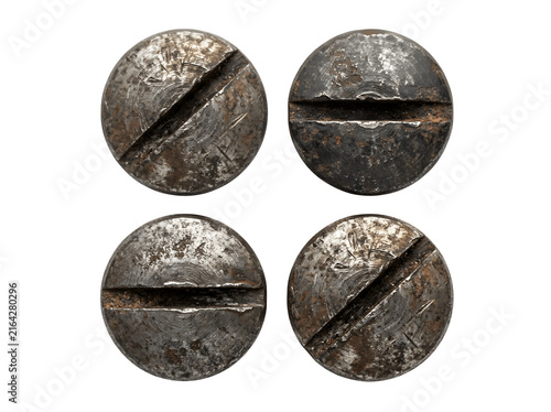 Set of four rusty metal screws with worn surfaces and deep slots funny animal emoji isolated on transparent background