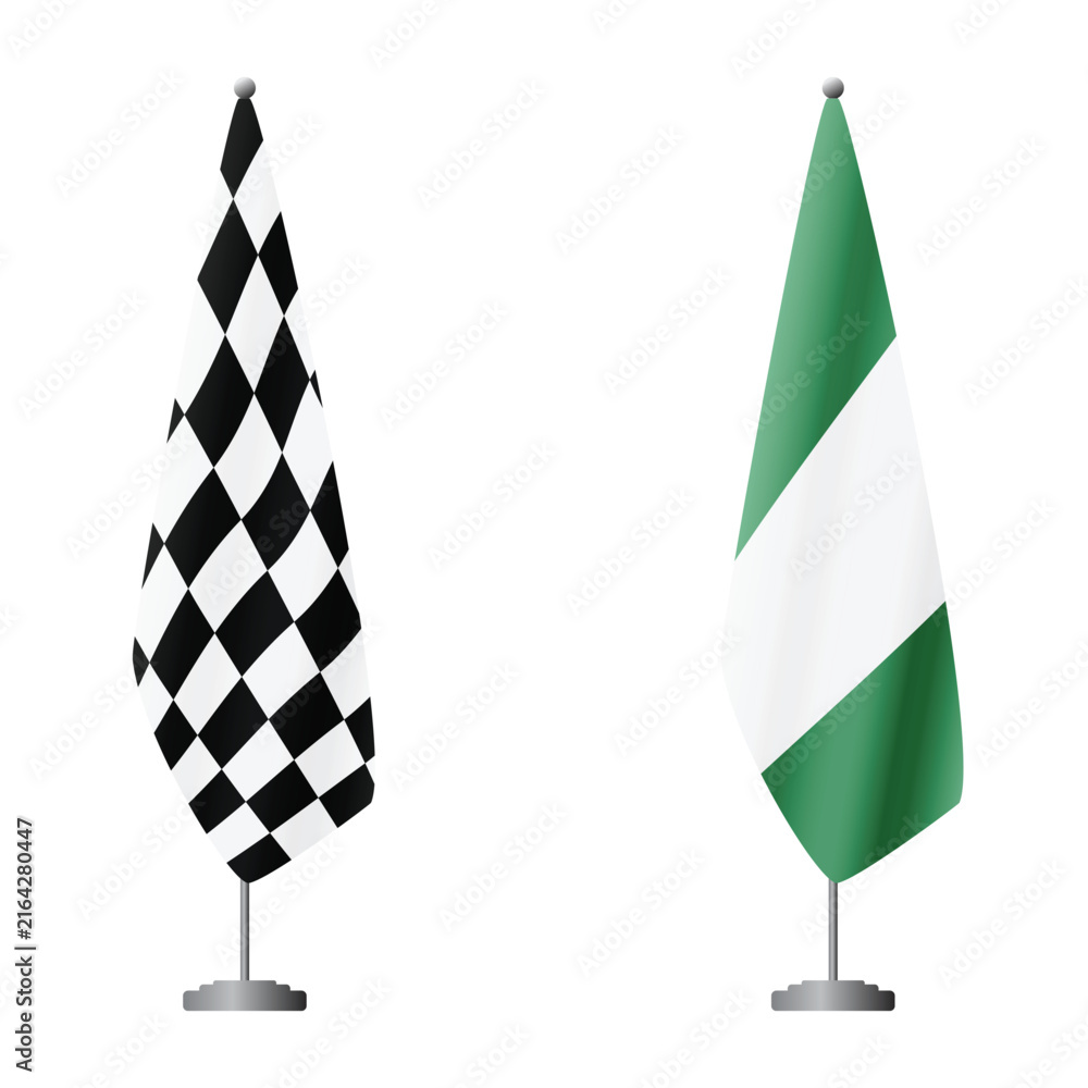 Fototapeta premium Checkered and Nigeria flags on flagpoles for official ceremonies and meetings, transparent background vector