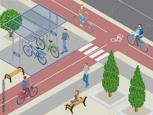 isometric bike path crossroad scene with detailed cyclists and pedestrians