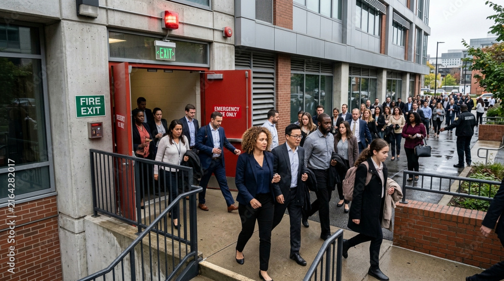 Fototapeta premium Diverse Business Professionals Evacuating Office Building Through Fire Exit During Emergency Drill