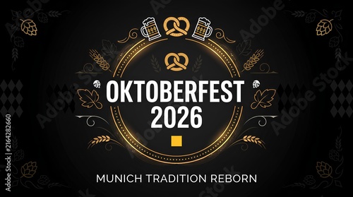 Black and gold Oktoberfest 2026 graphic with beer and pretzel line art.