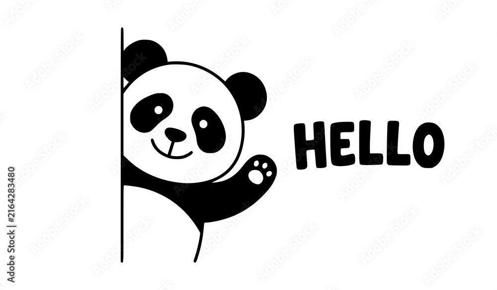 Naklejka premium Black Panda Bear Peeking Hello Greeting Minimal Cartoon Vector Design