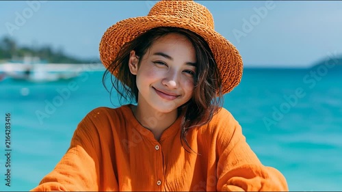 A smiling woman in an orange hat and shirt poses against a sunny blue ocean backdrop.