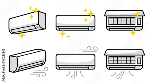 Modern Split Air Conditioner Collection with Wall Mounted Indoor Units, Cooling Airflow and Minimal Product Views