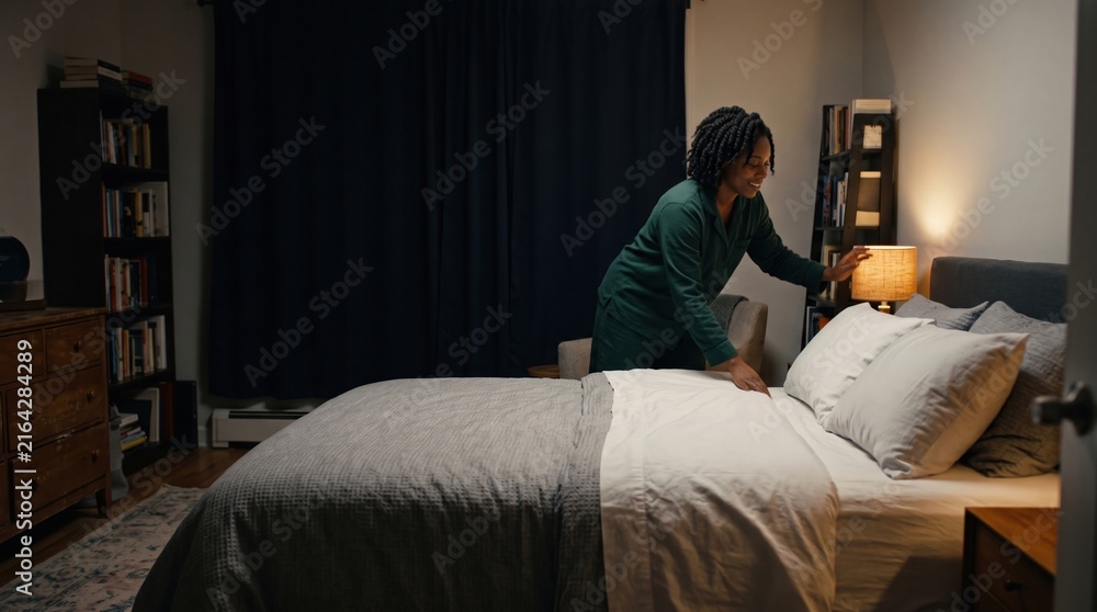 Fototapeta premium A smiling woman in green pajamas prepares her bed in a cozy, dimly lit bedroom. This bedtime ritual emphasizes the importance of sleep for mental health and self-care.
