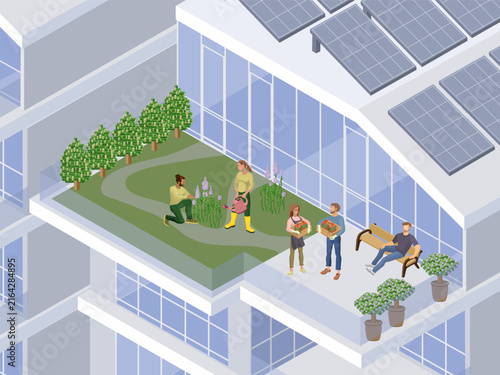 isometric rooftop garden scene with gardeners flower beds and trees