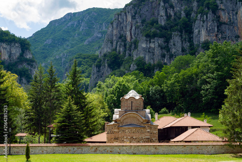 A view of the medieval  (XIV century) Poganovo monastery in the valley of the Jerma River, Serbia,  and its mountain landscape. Adobe RGB color profile. Real photo.