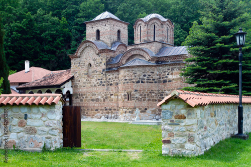 Side entrance to the medieval Poganovo monastery (XIV century) in the valley of the Jerma River, Serbia. Adobe RGB color profile. Real photo.