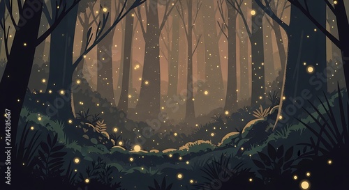 Enchanting Forest at Dusk with Shimmering Fireflies Illuminating the Mystical Woods