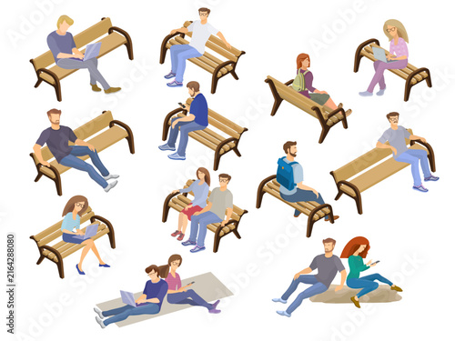 isometric detailed people sitting on outdoor benches ground and rocks