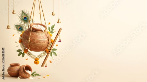 Krishna janmashtami celebration background with hanging butter pot with adorned marigold garlands