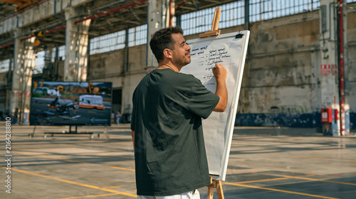 A scrum master stands alone in a desolate empty warehouse writing sprint timelines on a freestanding whiteboard, drone delivery test footage playing silently on a nearby monitor as the agile process