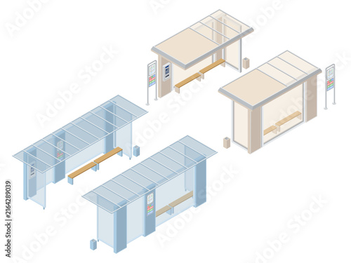 isometric bus stop shelter set with benches and info signs