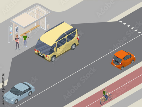 isometric bus stop scene with waiting pedestrians cars and cyclist