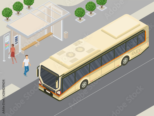 isometric electric bus approaching a city transit stop with pedestrians