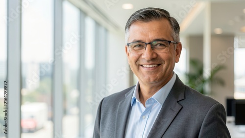 confident diverse business professional smiling in bright modern office for corporate website about us trust services portrait