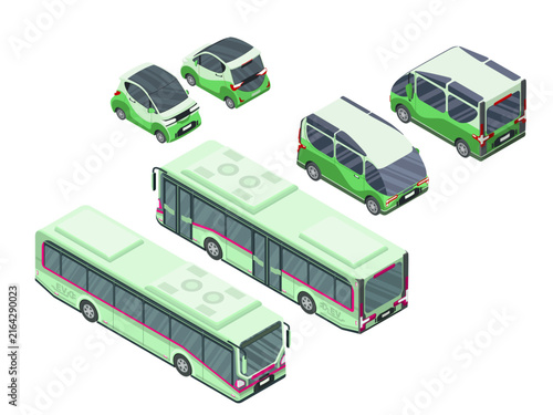 isometric electric vehicle fleet lineup with cars vans and buses