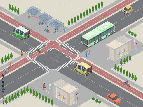 isometric city crossroads with electric transit, cyclists and bus stops