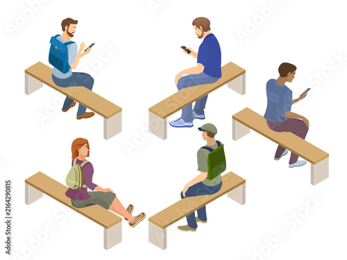 isometric detailed people sitting on wooden benches rear view set