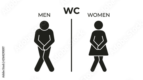 Black toilet icons of a man and woman with crossed legs and urgent posture on a white background, symbolizing public restroom facilities and illustrating emergency washroom situations