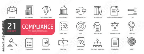 Set of line icons related to compliance. Outline icons collection. Editable stroke. Vector illustration