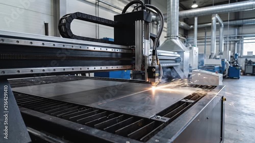 CNC laser cutter machine cutting sheet metal with bright sparks in an industrial workshop